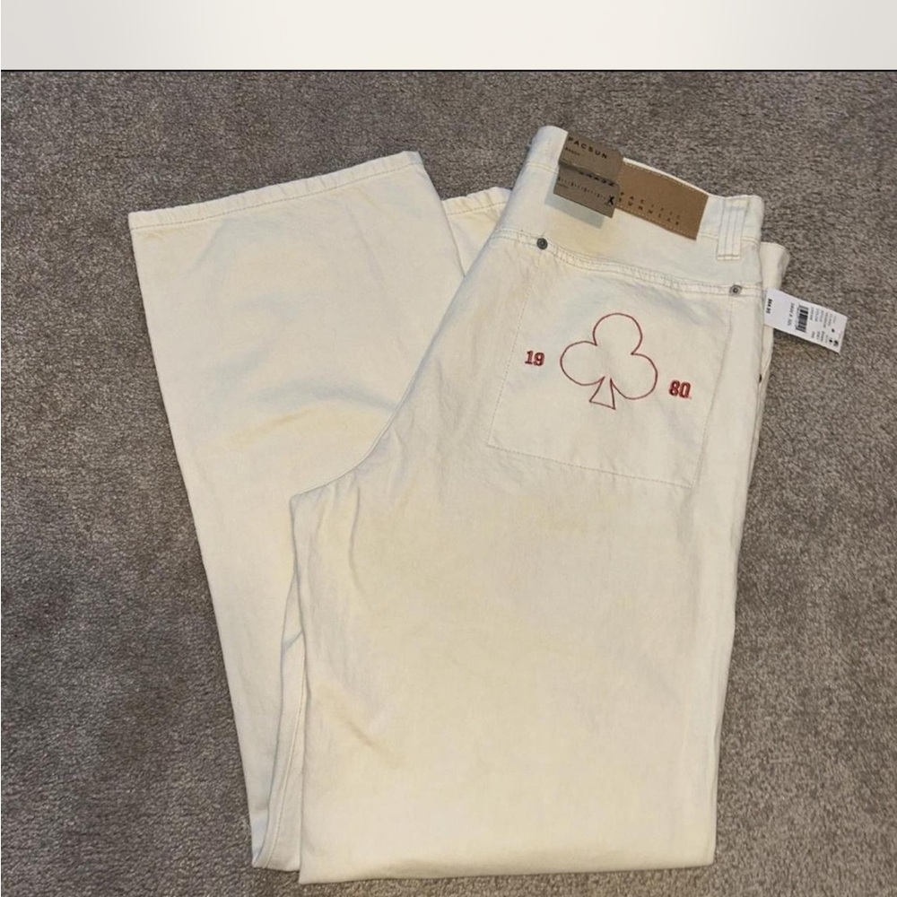 NWT Baggy PacSun Cream Jeans with Red Club Design